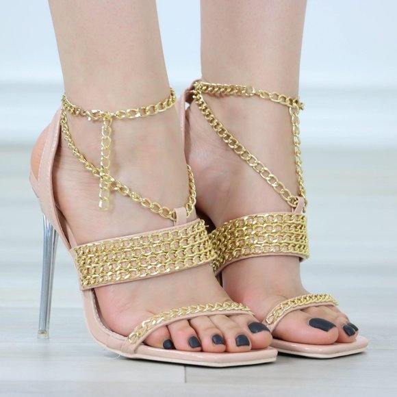 Nude Open Toe High Heel Sandals Gold Chain  Ankle Strap Patent Leather - Picture 3 of 13